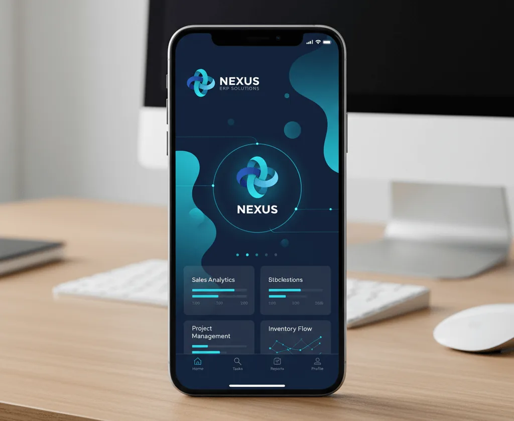 Painel do Nexus ERP em um celular, com indicadores de vendas e estoque
